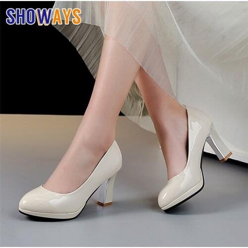 White Patent Leather Women Platform Pumps High Plated Heels Wedding Party Office Lady Sexy Apricot Round Toe Slip-on Dress Shoes