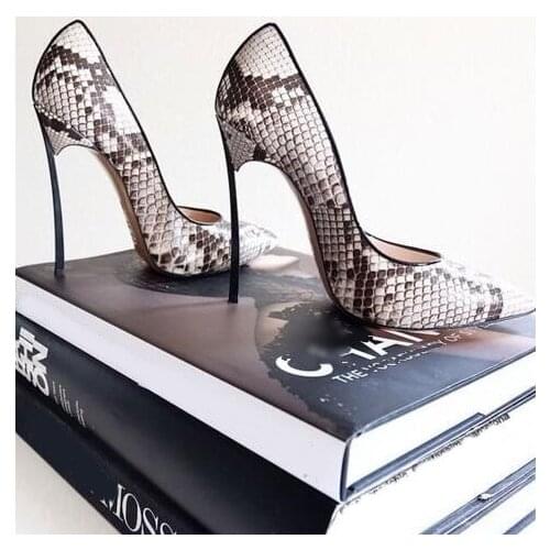 Snake Print Leather Pointed Toe Blade Heeled Pumps Sexy Python Pattern Metal High Heel Women Dress shoes Woman Size 33-43