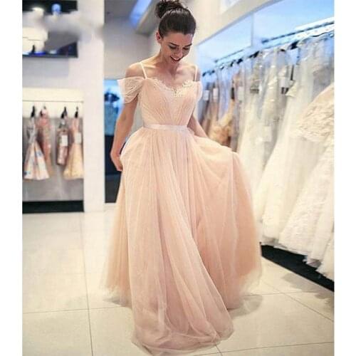 2019 Spaghetti Strap Evening Dress Simple Champagne Tulle Evening Dresses Long Abiye Gece Elbisesi