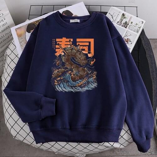 Japan Ukiyo E Style Sushi Dragon Prints Women Hoodies Vintage Loose Hoodie Casual Fleece Sweatshirts Simple Crewneck Man Tops
