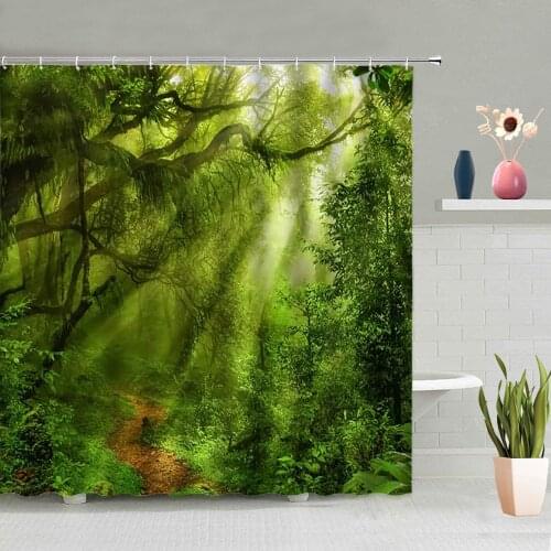 Green Forest Landscape Shower Curtain Sets Spring Natural Scenery Trees Plants Sunshine Bathtub Decor Screen Washable With Hooks