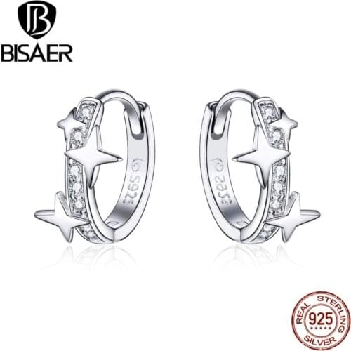 BISAER Hot Sale 925 Sterling Silver Luminous Star Stud Earrings for Women Round Circle Star Women Jewelry Brincos EFE076