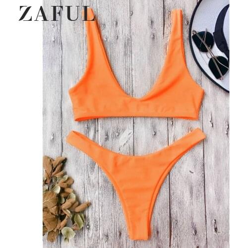 ZAFUL Women High Cut Scoop Neck Bikini Set Scoop Neck Low Waisted Wire Free Bathing Suit High Leg Bikini Bottom Women Swimwear