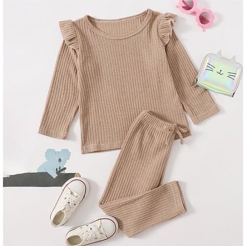 2-7 Years Solid Baby Boy Clothing Set Girls Casual Two-piece Clothes Set, Solid Color Fly Sleeves Pullover and Leggings Clothes