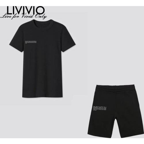 [LIVIVIO] Casual Letter Print Loose Sweat Suits Lounge Wear T Shirt And Shorts Two Piece Set Tracksuit Women Outfits Streetwear