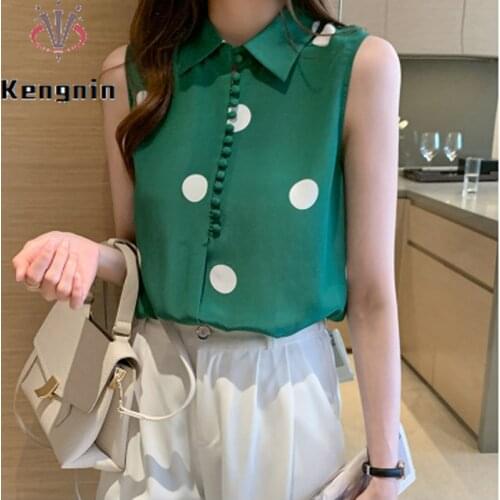 2021 Summer Womens Blouse and Shirts French Style Sleeveless Female Tops Print Dot Chiffon Blause Office Lady Work Tops KE1477