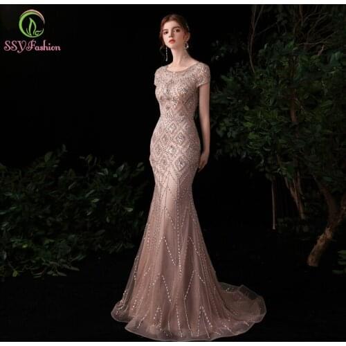 SSYFashion New Luxury Nude Pink Long Evening Dress Sexy Mermaid Sequins Beading Fishtail Prom Gown for Women Vestidos De Noche