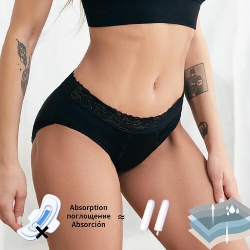 Mid Waist 4 Layer Lace Menstrual Period Underwear Womens Ice Silk Leakproof Briefs Absorption Physiological Panties