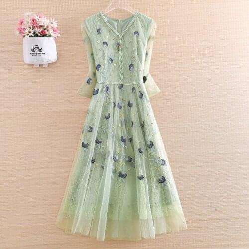 High-end Summer Women Vintage Midi Dresses Embroidery Elegant Lady Slim A-line Party Embroidered Mesh Dress S-XL