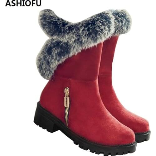 ASHIOFU Handmade Ladies Ankle Boots Fur-warm Winter Boots Large Size Party Prom Short Booties Low-heel Fashion Snow Boots Shoes