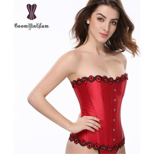Free shipment high quality metal busk clips fashion floral corsets trimming embroidery red corset overbust with g string 808