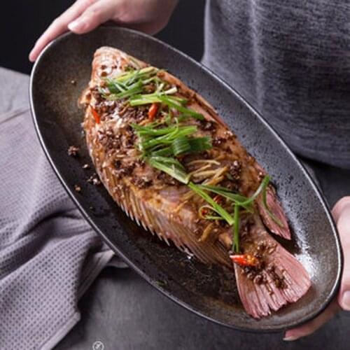 FANCITY Large ceramic fish dish, oval dish, household dish dish, kiln change dish, steamed fish dish, large size serving
