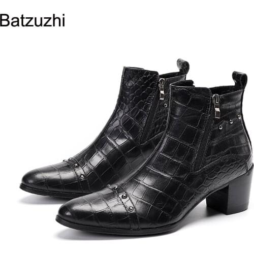 Batzuzhi 7cm High Heel Boots Men Pointed Toe Genuine Leather Men Boots Ankle Black/Brown Cool Party&Wedding Bota Masculina