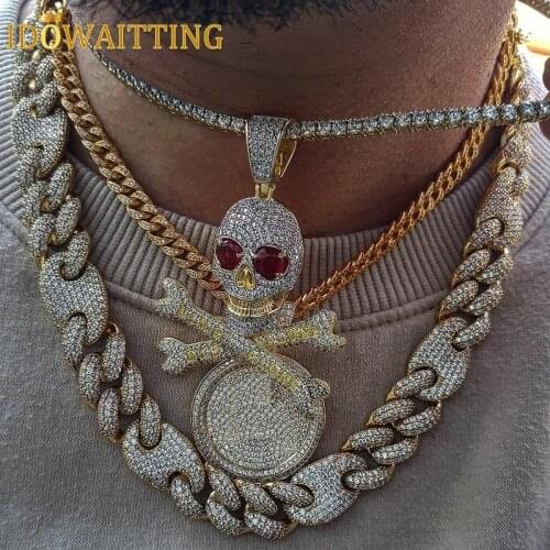 Live Alone Die Alone Full Clear Cubic Zircon Pirate Skull Pendant Necklace For Men Hip Hop Iced Out Bling CZ Rock Punk Jewelry