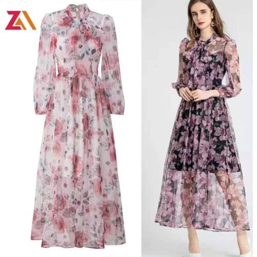 ZALady designer beach chic on holiday maxi dresses for women elegant bow collar summer goblincore dress with floral pattern robe