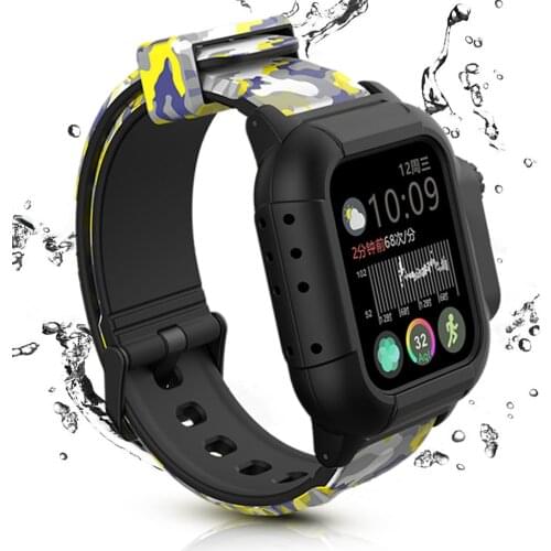 For Apple Watch Band 44mm 40mm 42mm Waterproof Case+Silicone Strap Camouflage Sport Bracelet Frame for iWatch Series SE/6/5/4/3
