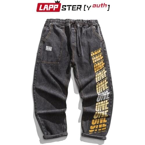 LAPPSTER-Youth Men Streetwear Hip Hop Punk Graphic Jeans 2021 Autumn Mens Letter Printed Vintage Denim Pants Man Fashion Joggers