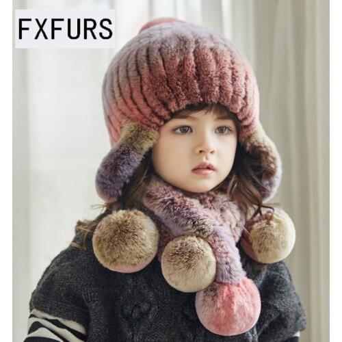 2020 Fxfurs Fashion Childrens Rex Fur Hat Winter Girls' Warm Thick Fashion Boys' Cute Fur Ball Earmuffs for Kids