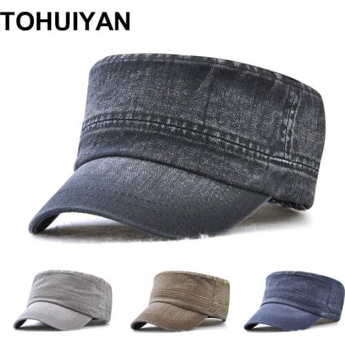 TOHUIYAN Classic Cadet Army Cap For Men Solid Washed Cotton Flat Top Caps Casual Male Gorra Militar Hombre Bone Military Hats