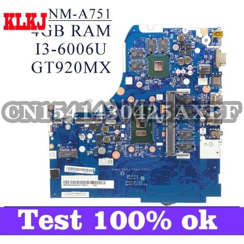 KLKJ NM-A751 Laptop Motherboard For Lenovo 310-15ISK 310-15IKB Original Mainboard 4GB-RAM I3-6006U GT920MX-2GB