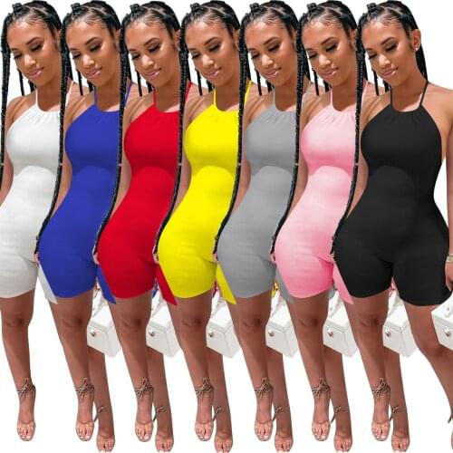 Fitness Women Rib Rompers 2021 Summer Solid Halter Skinny Biker Playsuits Sexy Backless Club Party Short Jumpsuit Workout Outfit
