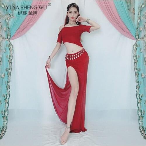 Belly Dance Suit Female Adult Elegant Long-Sleeved Top Practice Clothes Women Mesh Long Skirt Set Competition Practice Clothing
