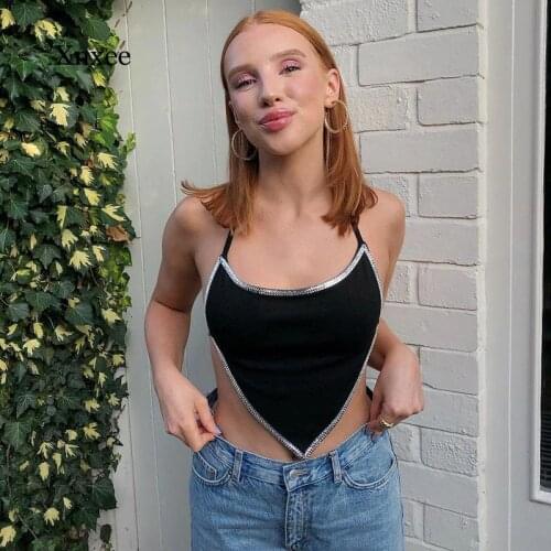 Cute Sexy Splicing Bandana Tube Halter Crop Top Lace Up Women Backless Tank Rhinestone Black E Hem Super Short Tops Basic Tees