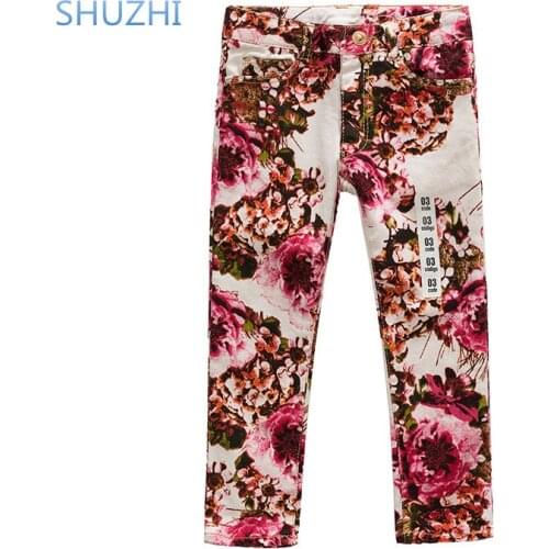 SHUZHI Fashion flowers baby girls jeans kids jeans for girl child denim full length pants for girl 2-8 years