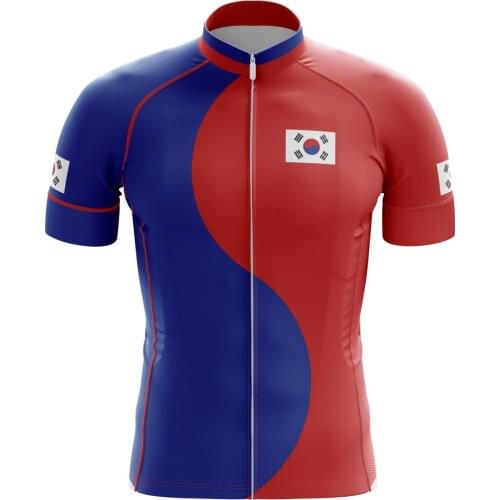 Men Cycling Jersey for Korea O-Neck Red-Blue Patchwork Design Bicycle Clothing Outdoor Anti-Sweat Pocket Top