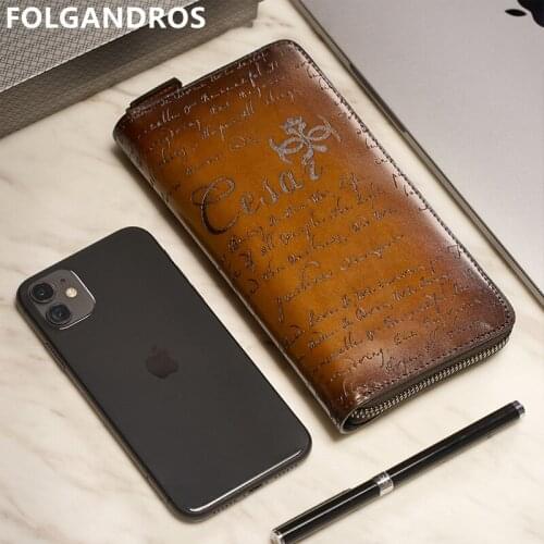 Mens Luxury Long Wallets Handmade Italian Cowhide Letters Organize Phone Wallet Large Capacity Genuine Leather Notecase