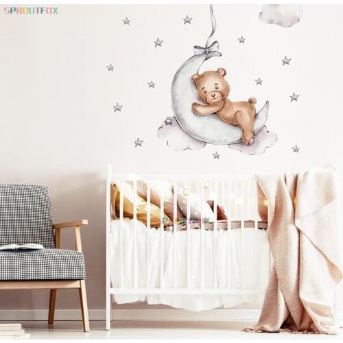 Lovely Animals Wall Stickers for Baby Rooms Nursery Room Decoration Sleeping Bear Sticker Moon Cloud Wall Decals Nordic