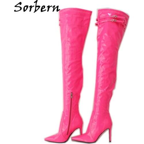 Sorbern White Patent Leather Thigh High Boots Women High Heel Stilettos Pointy Toes Ladies Boots Custom Wide Legs Shaft Length