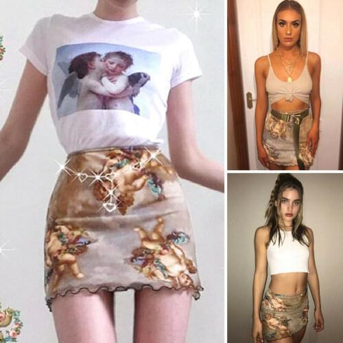New Hot Angel Print Stretch Slim Party Mesh Short Skirt Women High Waist Bodycon Skirts Sexy Fashion High Quality Dropshipping