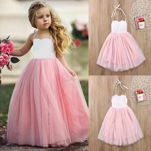 New Summer Girls Princess Dresses Birthday Party Wedding Halter Pink Lace Tutu Ball Gown Children Girls Beach Dresses