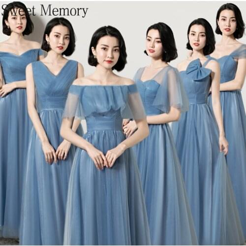 Dusty Blue Gray Long Bridesmaid Dresses 2021 Boat Neck Short Sleeve Women Banquet Party Prom Dress Formal Gown Sweet Memory