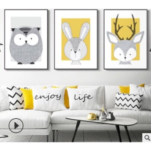 Nordic Modern Simple Decorative Painting Creative Cartoon Animal Mural Rabbit Fox Canvas Painting Oil Painting Animal Poster
