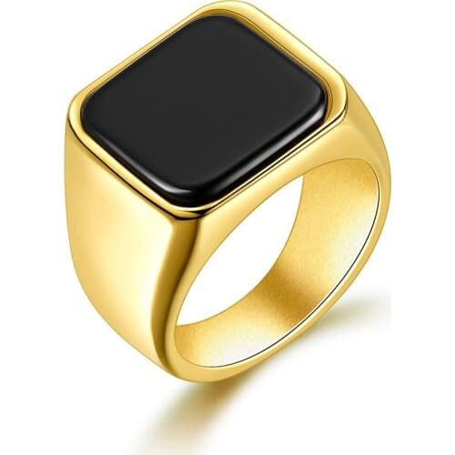 Valily Stylish Mens Signet Ring Gold and Tones Stainless Steel Black Stone Ring Anel Masculino Male Accessory Jewelry