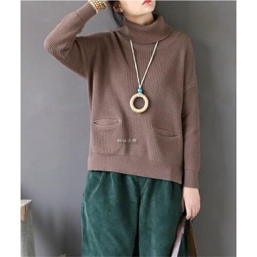 Knitting turtleneck sweaters women Casual Batwing sleeve cotton woman pullovers 2017 Autumn winter streatwear Pockets sweaters