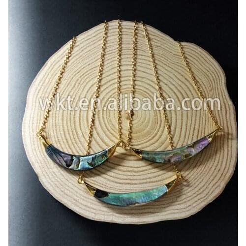 WKT Elegant fashion gold shell horn necklace double bails natural abalone horn necklace in free shopping