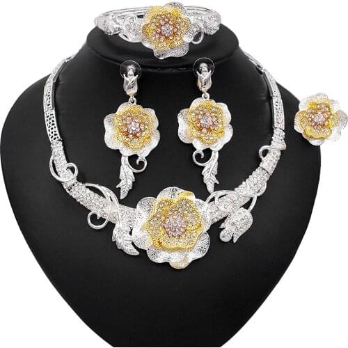 Yulaili Latest Dubai Gold Jewelry Sets Bridal Flowers Charm Choker Necklace Dangle Earrings Bracelet Ring Wedding Accessories