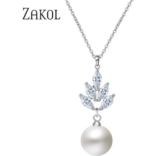 ZAKOL Fashion Round Imitation & Leaf Zirconia Crystal Pearl Pendants Necklaces for Women Bridal Wedding Anniversary Jewelry