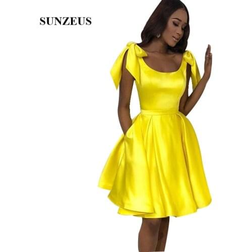 Yellow Short Party Dress With Bow Straps Satin Girls Prom Dress Simple Homecoming Gowns