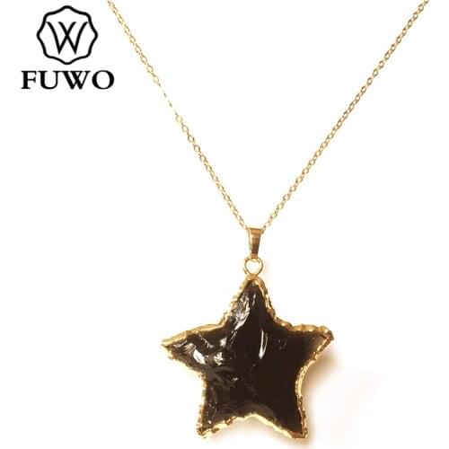 FUWO Rough Pentagram Obsidian Necklace With Gold Trimmed Natural Black Crystal Fashion Jewelry For Women Gift NC266