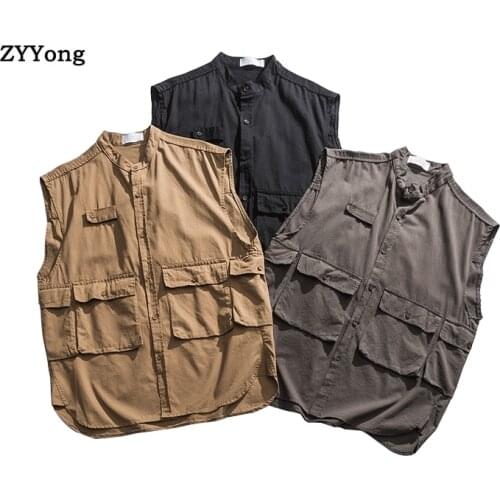 Cotton Stand Neck Mens Vest Casual Sportwear Sleeveless Jackets Autumn Spring Gray Khaki Black Waistcoat 2020