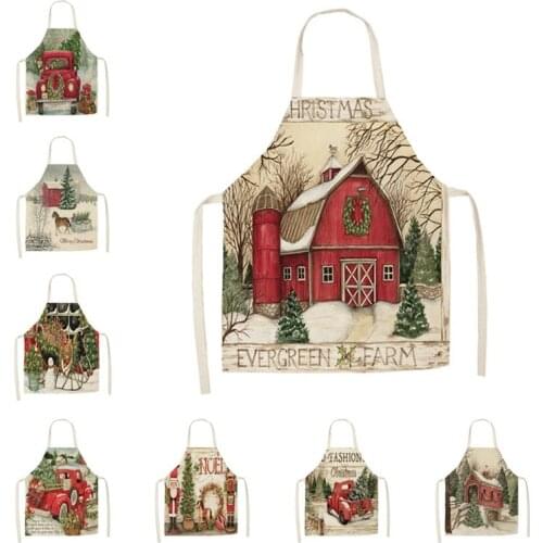 1Pcs Kitchen Apron red truck christmas wish tree Printed Sleeveless Cotton Linen Aprons for Men Women Home Cleaning Tools55*68cm