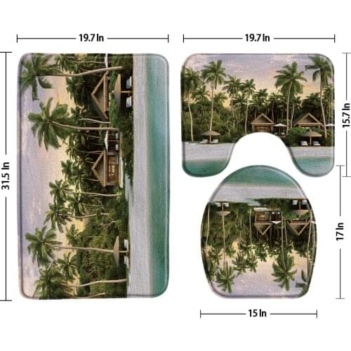 Beach Palm Tree House Bath Mats 3 Pcs Bathroom Rug Sets Non Slip Maldives Sea View Scenery Bath Decor Toilet Cover U-Shaped Pad