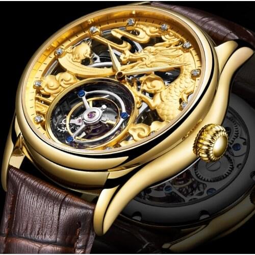 AESOP Tourbillon Watch Automatic Watch Men Zodiac Dragon Unique Design Wristwatch Men Leather Strap Clock часы мужские наручные