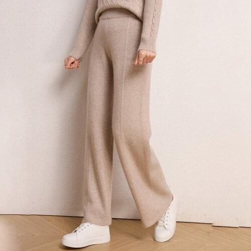 Knitted Trousers Women 100% Pure Cashmere Pants Winter Autumn Loose Hight Waist Warm Soft Fashion Wide-leg pants