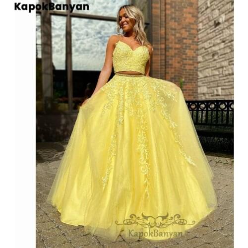 Yellow Two Pieces Sweetheart Long Tulle Prom Dresses Lace Crop Top Party Gown