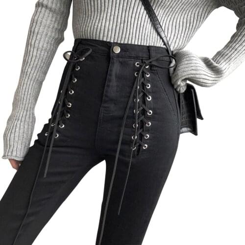 Jeans Women Fashion Lace-Up Zip Ankle-length Pants 2019 New Slim Black Pencil Pants Female High Waist Jeans Skinny Streetwaer